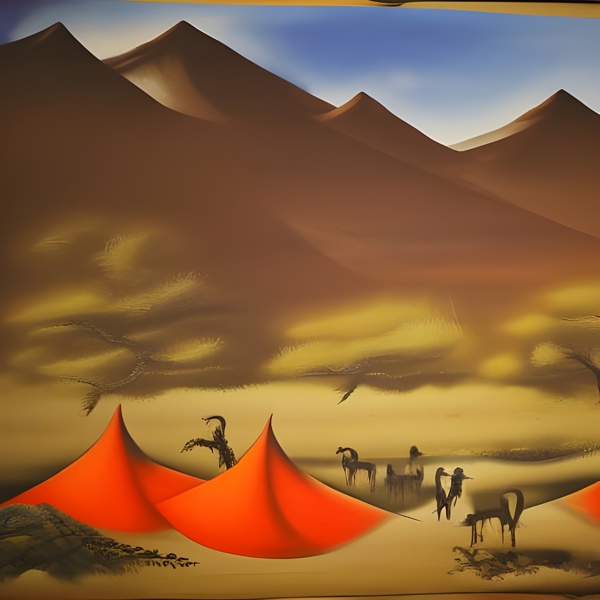 A campsite in vibrant colors with blurry travel animals. The area is sandy desert with high dunes and mountians in the disctance.