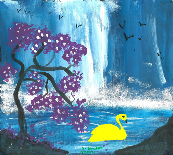 Beautiful painting of a swan beneath a waterfall.