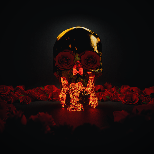Rusted golden skull with roses in the eyes, with lava pouring out from mouth while being surrounded by roses