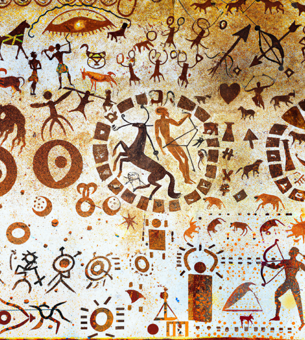 This is a unique image depicting a Stone Age Cave Painting of a birthday party under the influence of the Sagittarius constellation. This Image was created with the assistance of AI.
