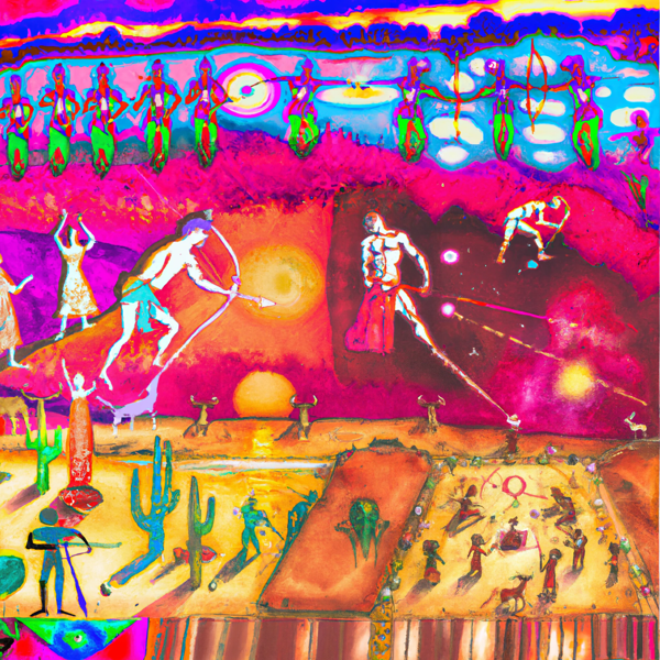This is a unique image (2480 x 2480 px) depicting a birthday party in the Arizona Desert under the influence of the Sagittarius constellation. This Image was created with the assistance of an AI application.