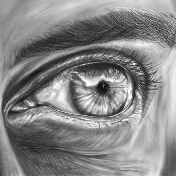 A miniature Victorian man crawls through the pupil of a giant eye. Black and white realistic drawing.