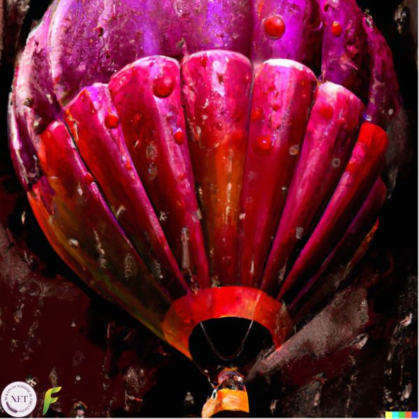 Bright red hot air balloons floating through multicolored storms. With water droplets defined in an almost tangible expression.