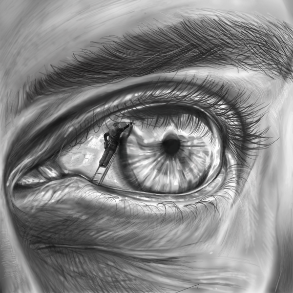A minature window cleaner attends to the cornea of a giant eye. Black and white hyper realistic digital drawing. 