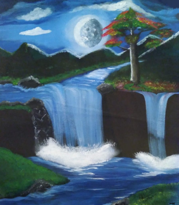 Nature scenery with cascading waterfalls, fluffy white clouds, bright big Moon, Mountains and a red and green tree.