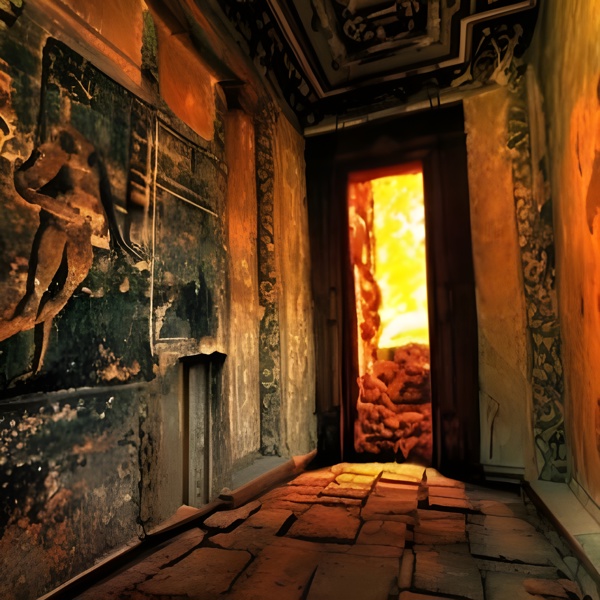 Mystic corridor with wall of flames inside a door frame opening